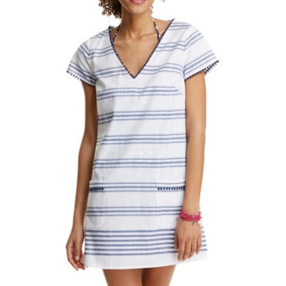 Vineyard Vines Blue Seafoam Stripe Cover-Up Pom Pom Accents and Pockets Cotton S - Picture 1 of 6